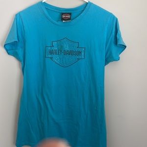 Harley-Davidson Vintage Turquoise Blue tee with Black Blue Bling Graphic- Large